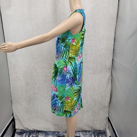 Maggy London Silk Blue Green Tropical Print Sleeveless Midi Sheath Dress Y2K - Picture 5 of 10